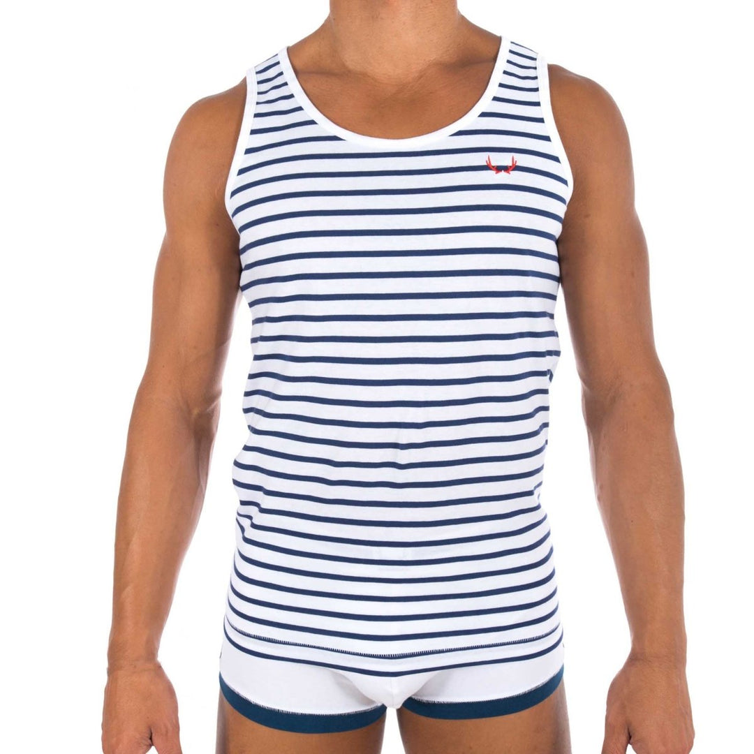 Débardeur homme en coton bio blanc - rayures bleu marine - BLUEBUCK