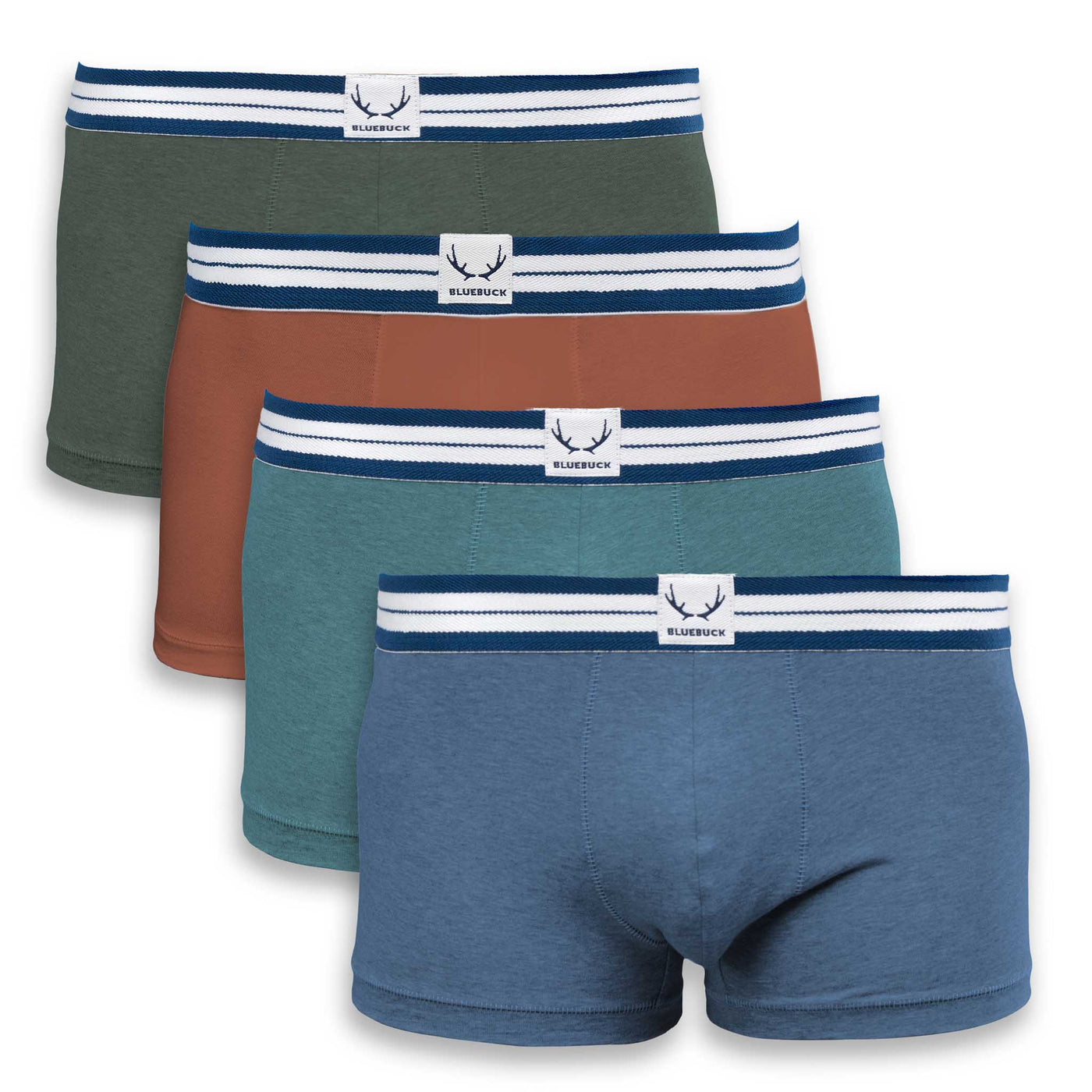 4 organic cotton trunks for men in green, brick, and blue