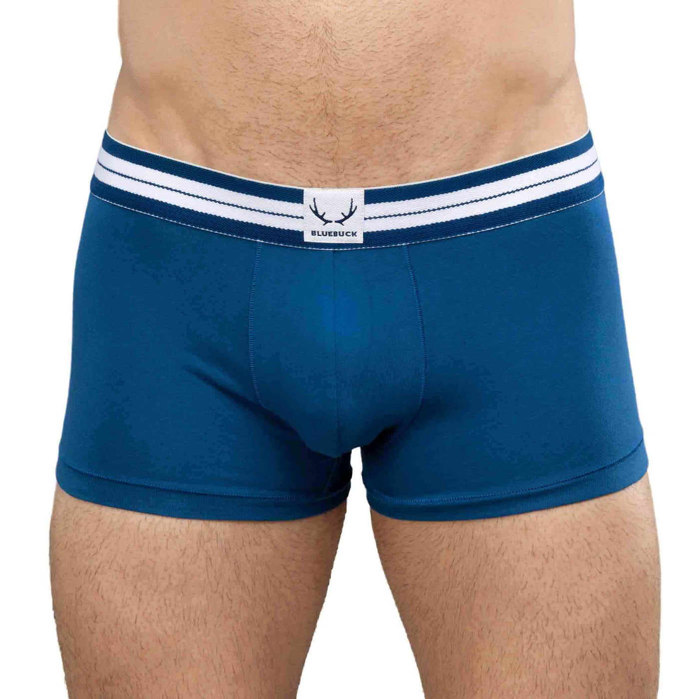 Navy blue organic cotton men's trunks with navy stitching