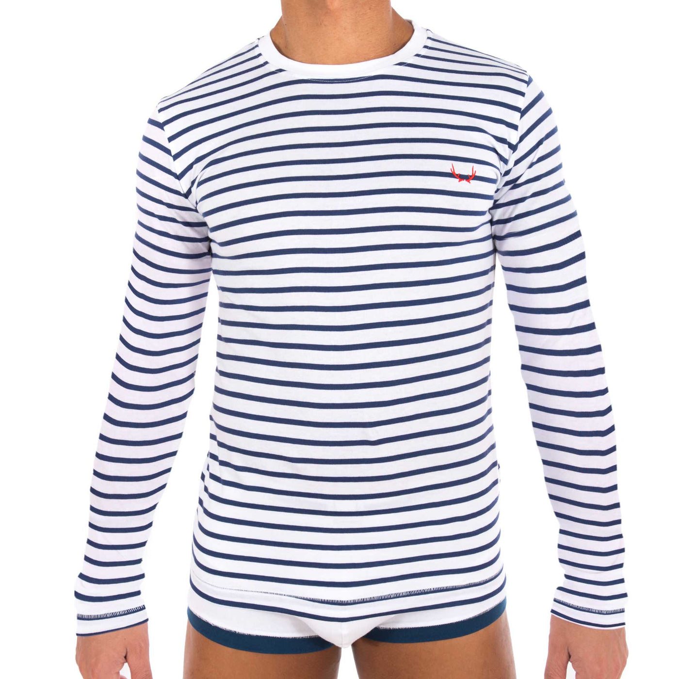 Long sleeves white T-shirt for men - navy stripes