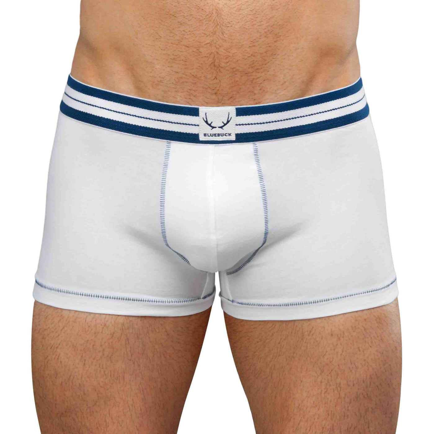 White organic cotton men's trunks with navy stitching