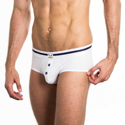 White organic cotton men's brief with navy buttons