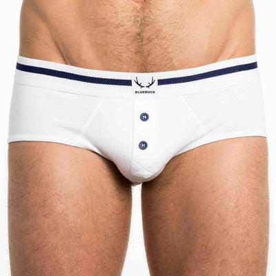 White organic cotton men's brief with navy buttons