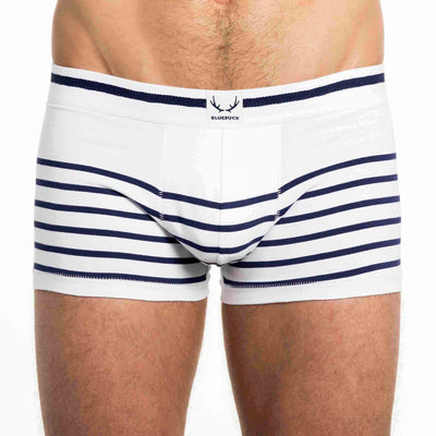 White organic cotton men's trunks with navy stripes
