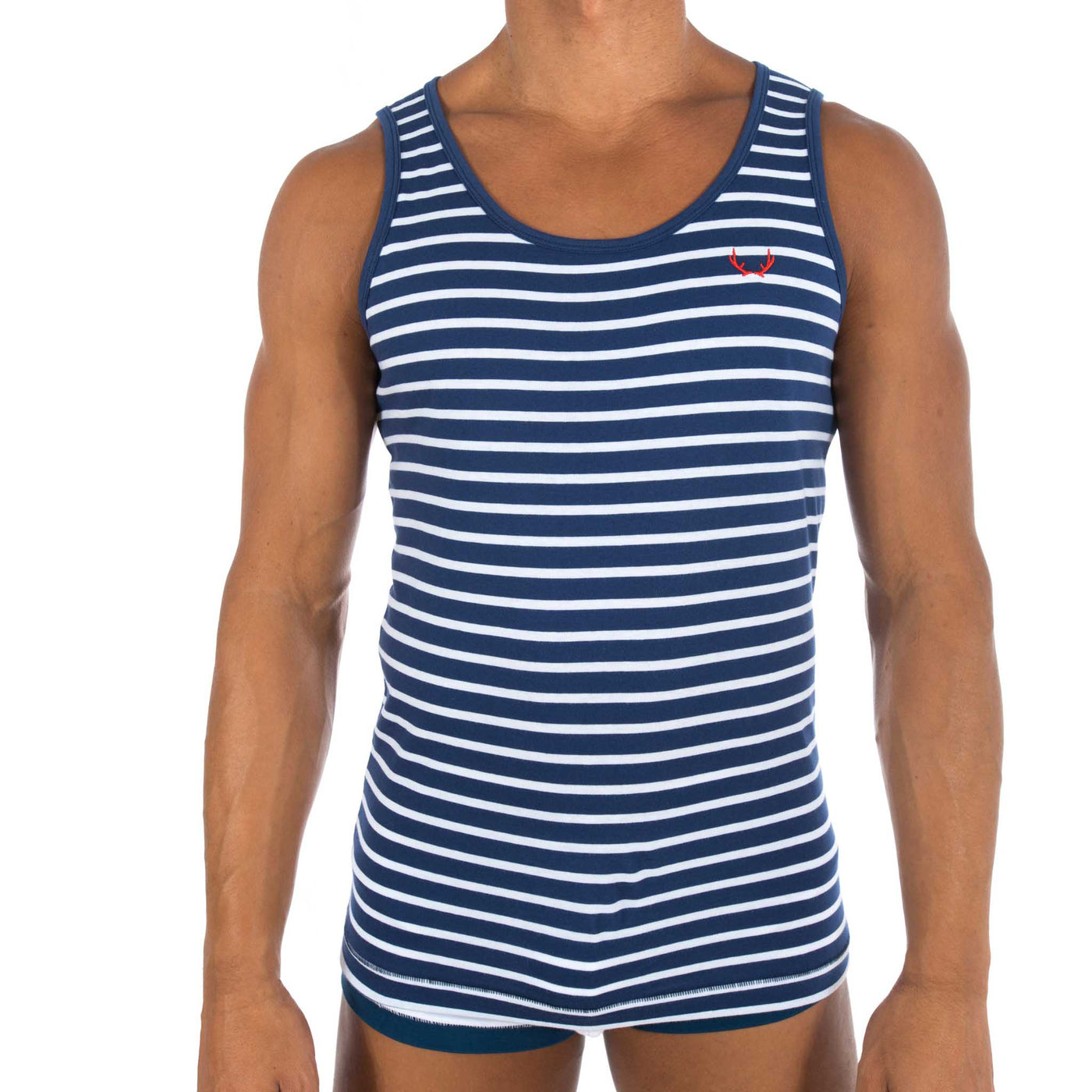 Navy blue organic cotton vest for men - white stripes