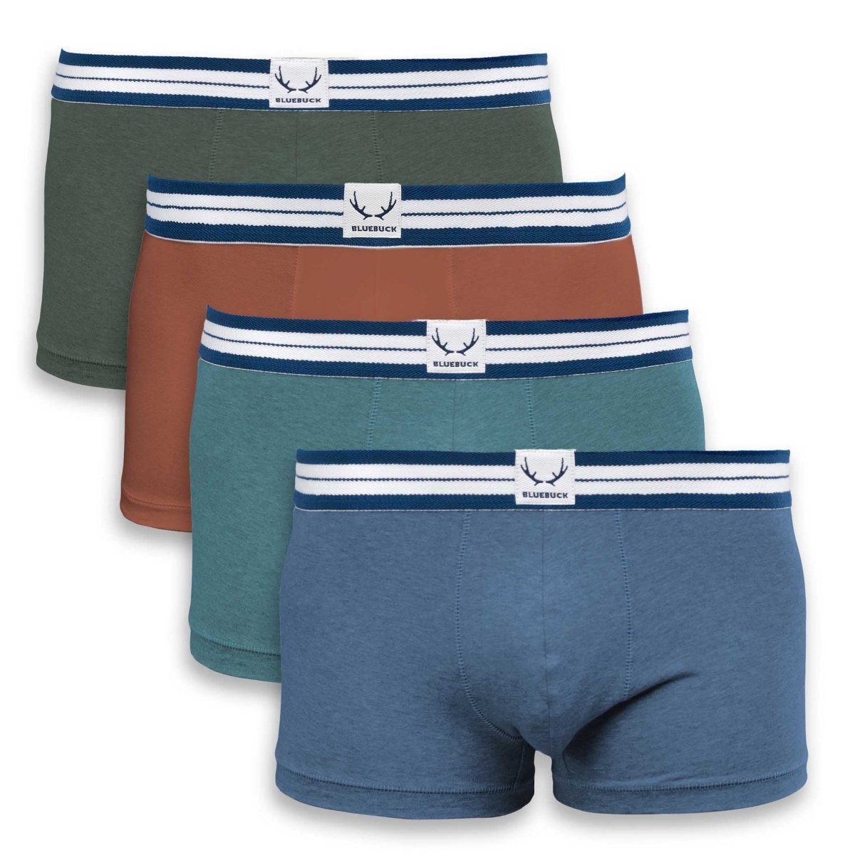 4 boxers homme vert fonce, brique, vert ocean, bleu lune en coton bio - BLUEBUCK