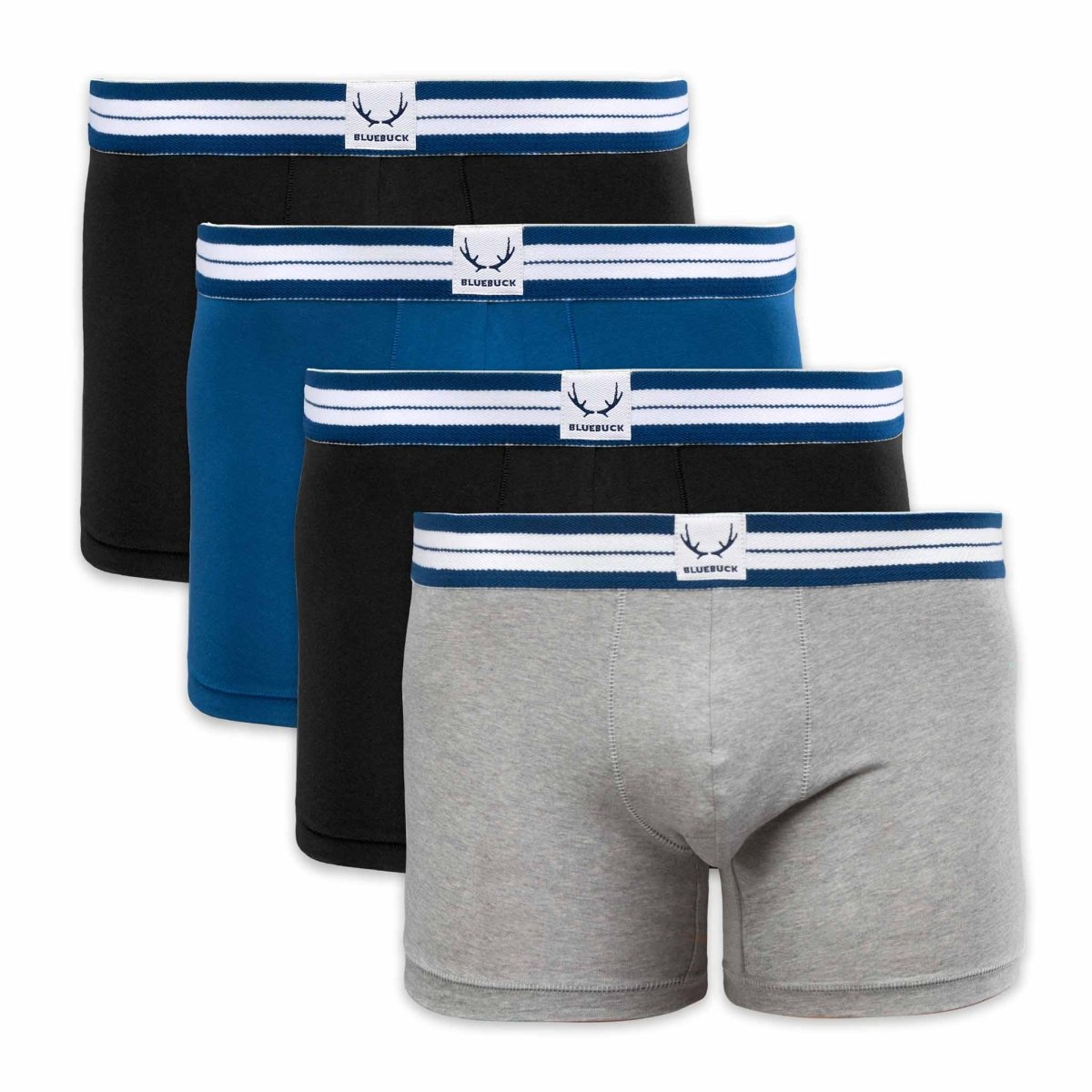 4 boxers longs homme noir, gris & bleu en coton bio - BLUEBUCK