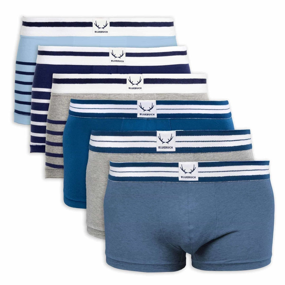 6 boxers homme en coton bio - bleu et gris unis et rayures - BLUEBUCK