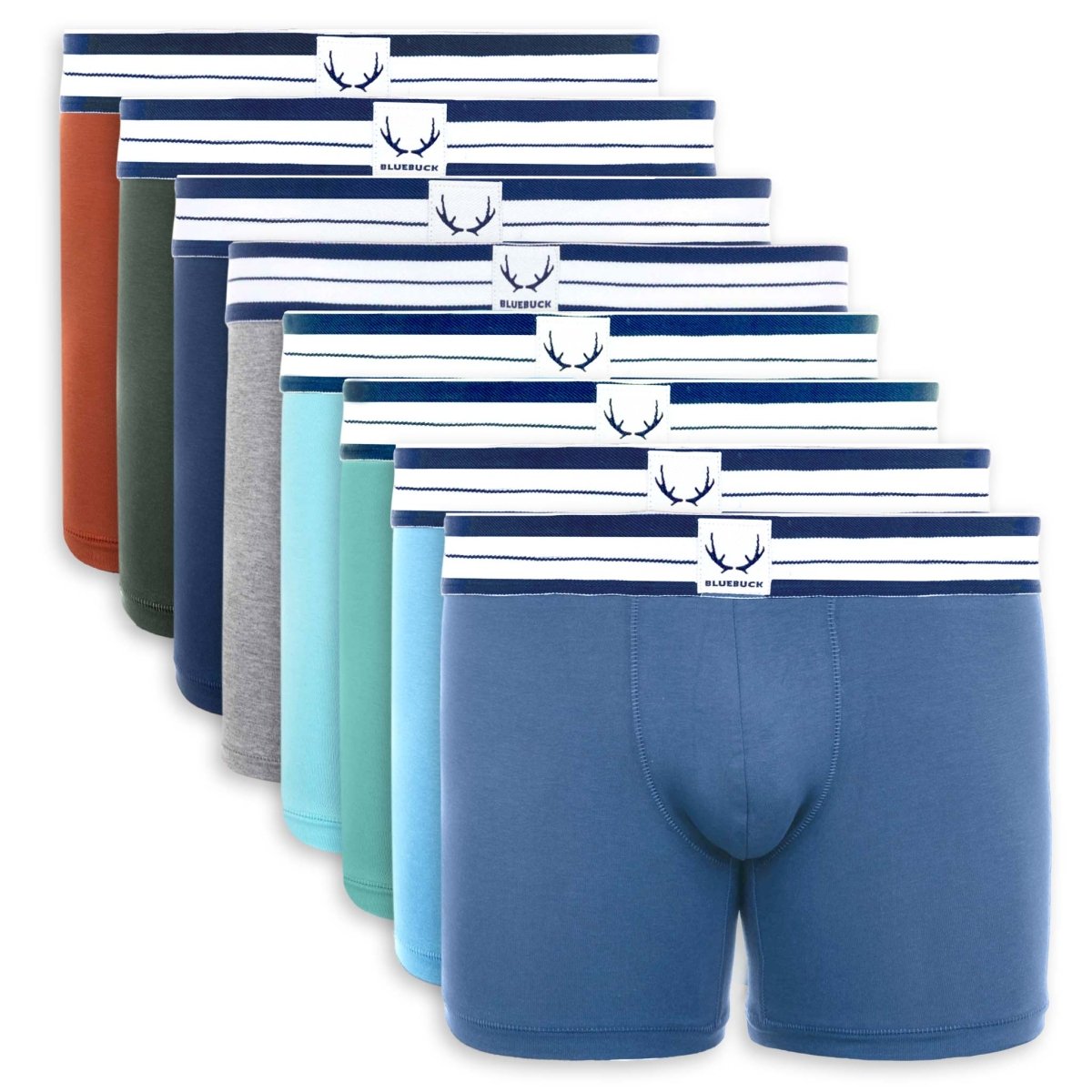 8 boxers longs homme rouge, bleu, vert et gris en coton bio - BLUEBUCK