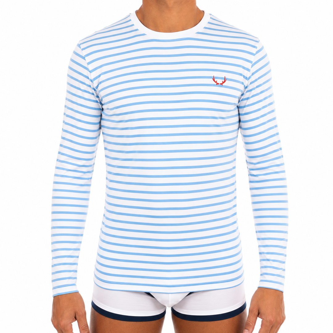 Long sleeves white T-shirt for men - sky blue stripes