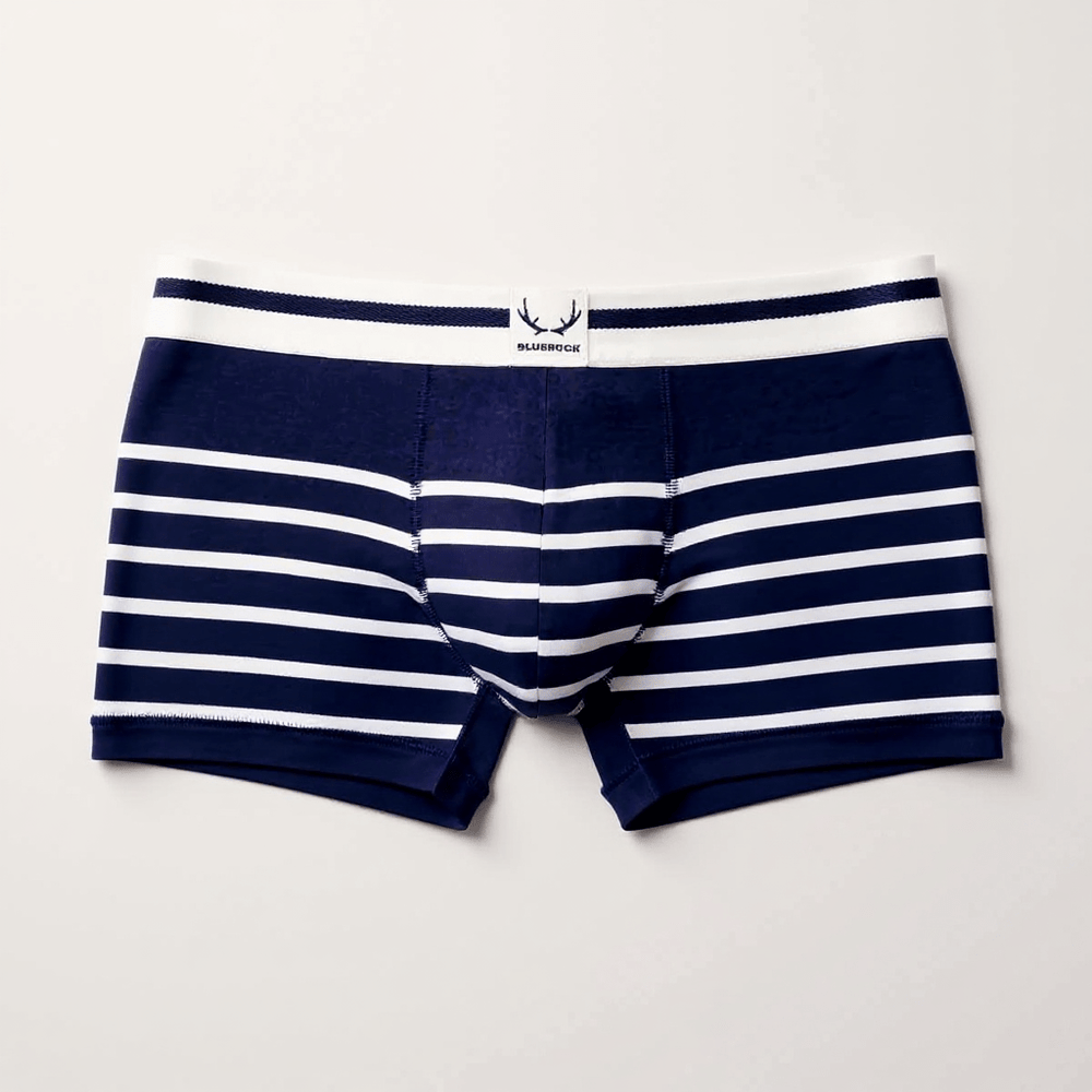 Boxer homme bleu marine en coton bio - rayures blanches - BLUEBUCK
