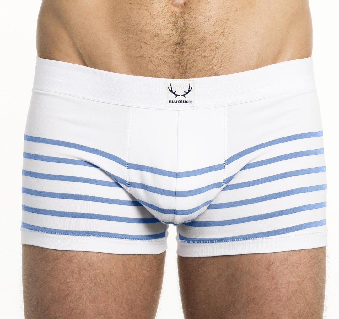 Boxer homme en coton bio blanc rayures bleu azur - BLUEBUCK