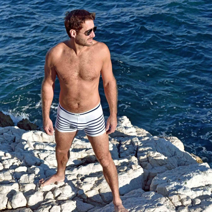 Boxer homme en coton bio blanc - rayures bleu marine - BLUEBUCK