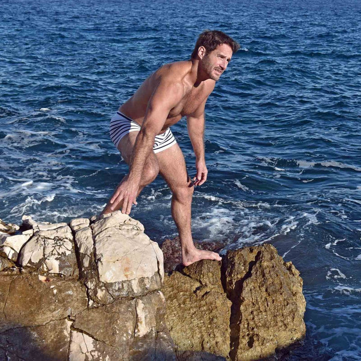 Boxer homme en coton bio blanc - rayures bleu marine - BLUEBUCK