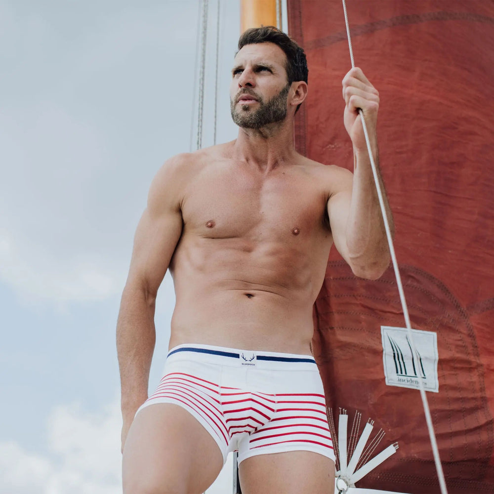 Boxer homme en coton bio blanc - rayures rouges - BLUEBUCK