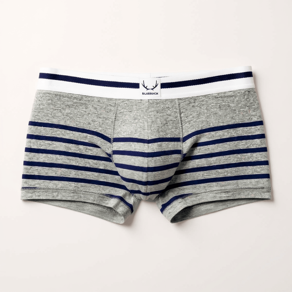 Boxer homme gris en coton bio - rayures bleu marine - BLUEBUCK