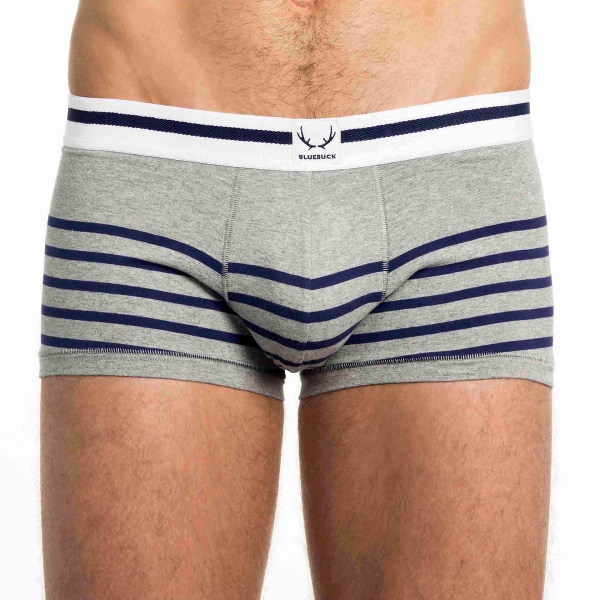 Boxer homme gris en coton bio - rayures bleu marine - BLUEBUCK