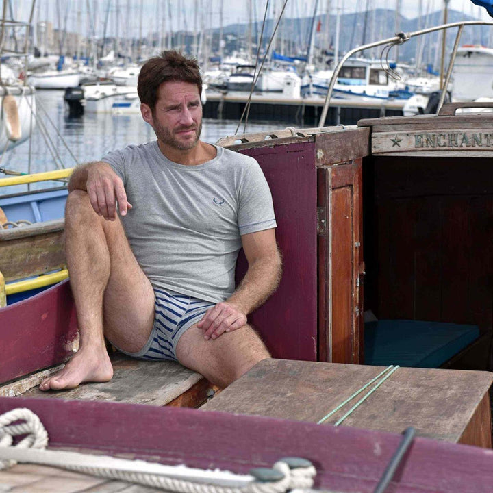 Boxer homme gris en coton bio - rayures bleu marine - BLUEBUCK