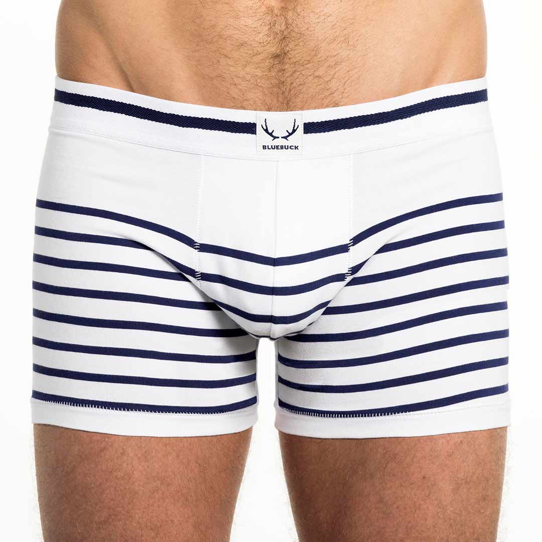 Boxer long homme blanc en coton bio - rayures bleu marine - BLUEBUCK