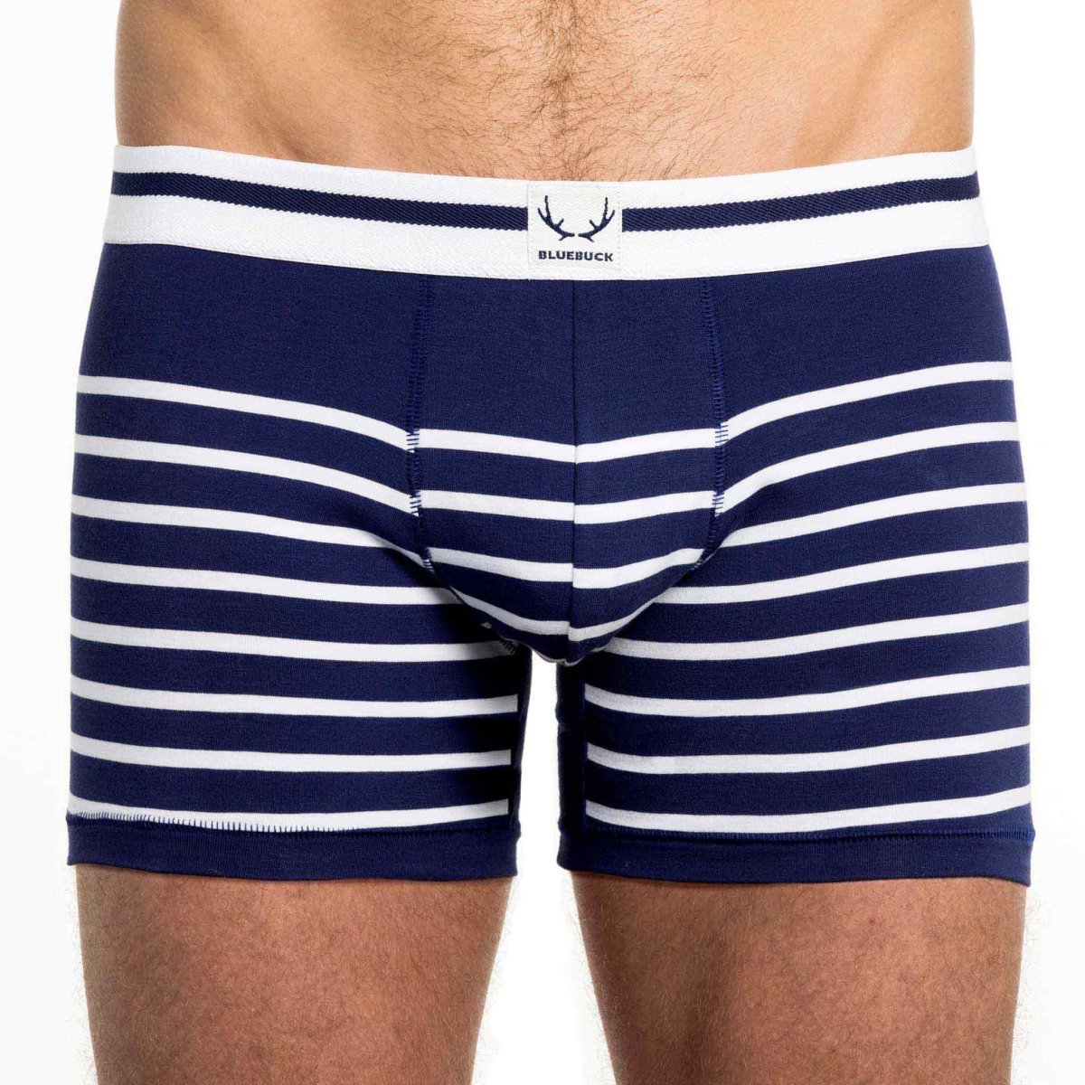 Boxer long homme bleu marine en coton bio - rayures blanches - BLUEBUCK