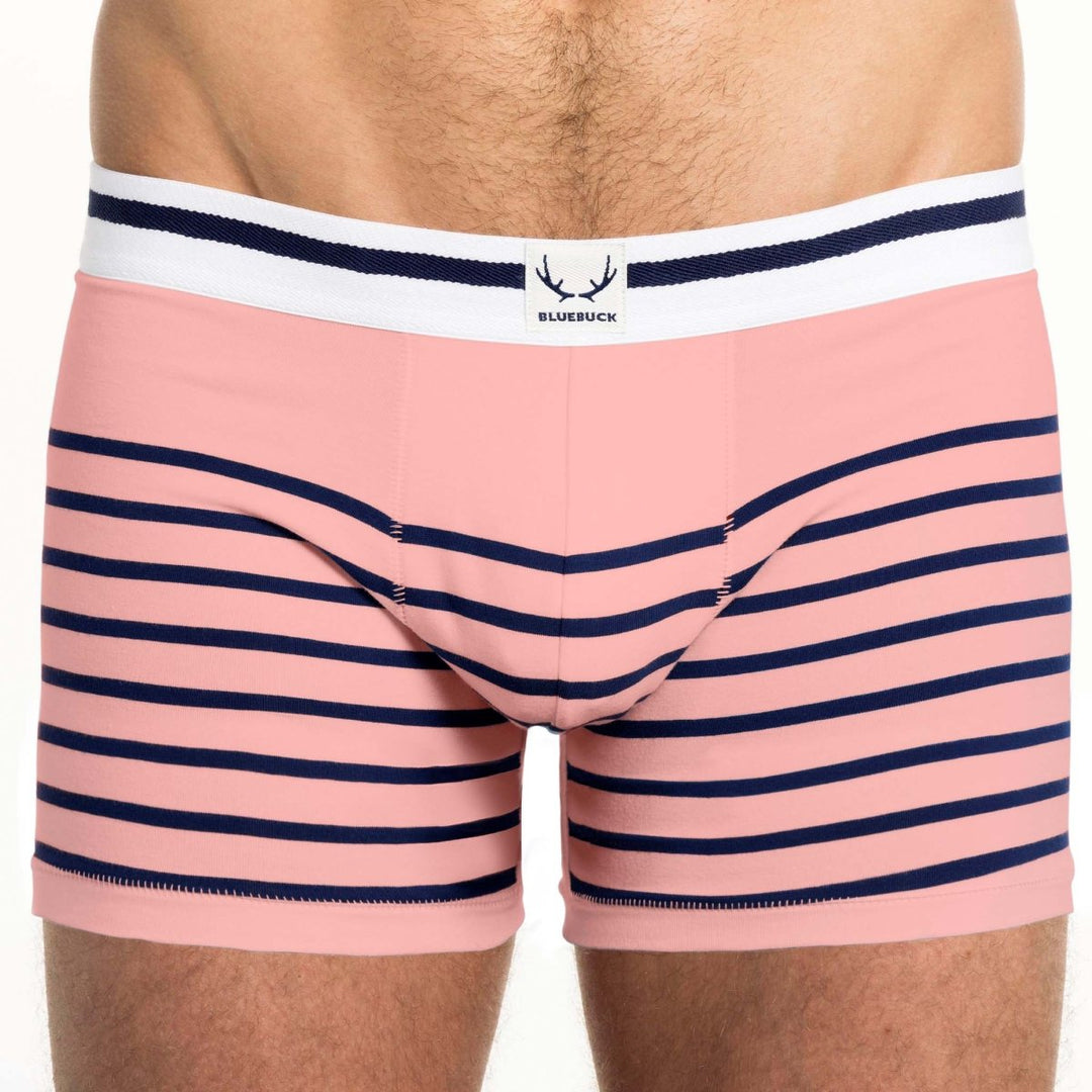 Boxer long homme en coton bio rose - rayures bleu marine - BLUEBUCK