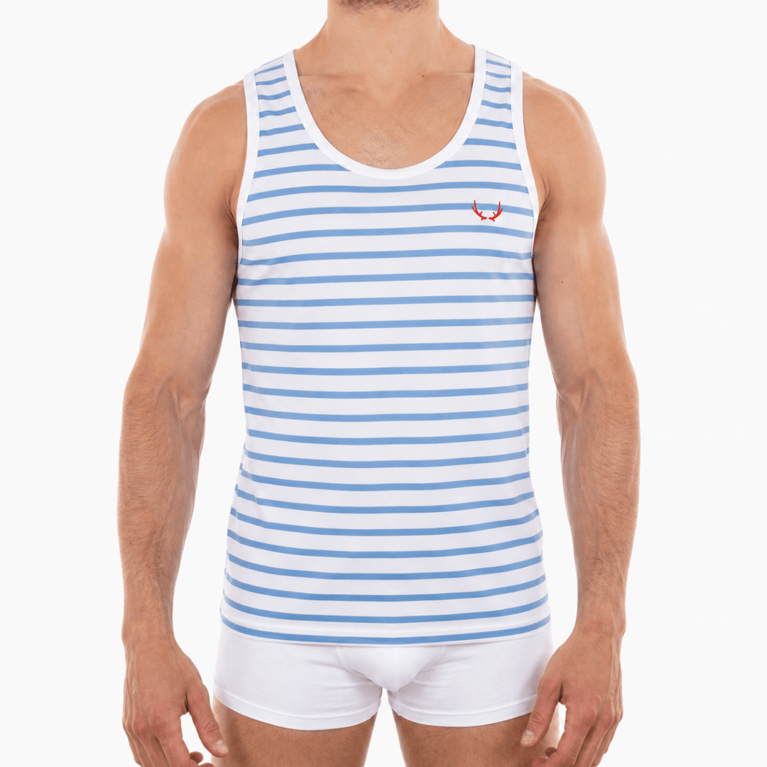 Débardeur homme en coton bio blanc - rayures bleu azur - BLUEBUCK