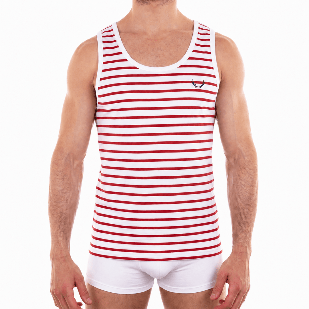 Débardeur homme en coton bio blanc - rayures rouges - BLUEBUCK