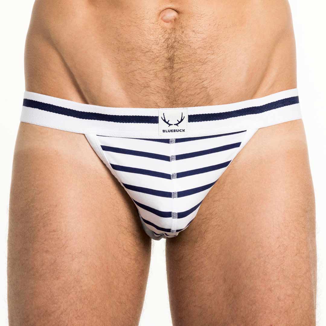 Jockstrap blanc en coton bio - rayures bleu marine - BLUEBUCK