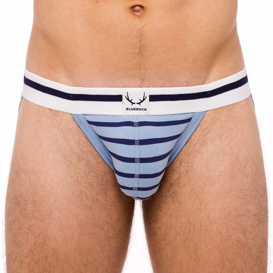 Jockstrap bleu arctique en coton bio - rayures bleu marine - BLUEBUCK