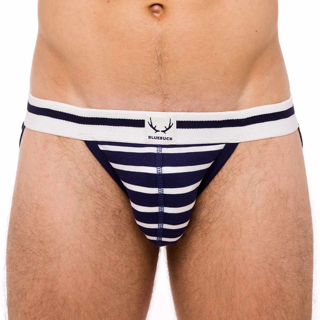 Jockstrap bleu marine en coton bio - rayures blanches - BLUEBUCK