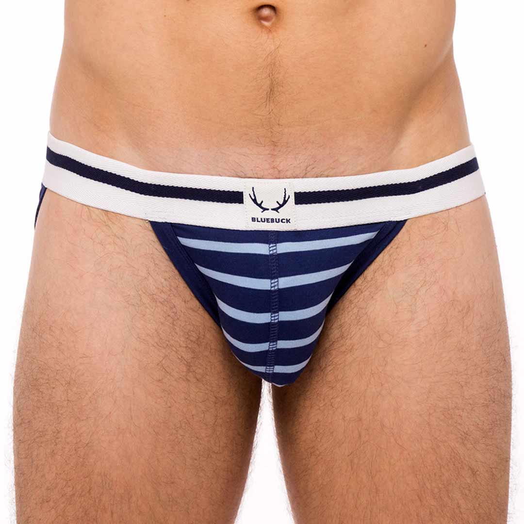 Jockstrap bleu marine en coton bio - rayures bleu ciel - BLUEBUCK