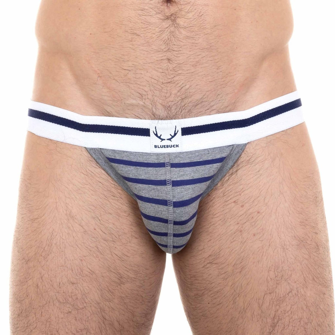 Jockstrap gris en coton bio - rayures bleu marine - BLUEBUCK