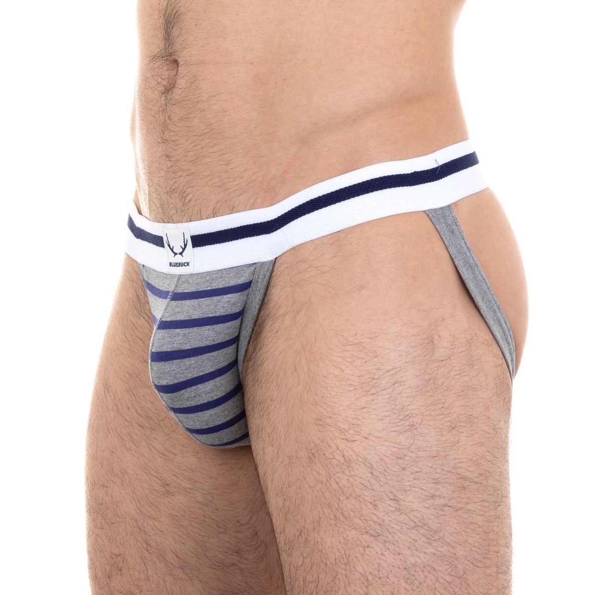 Jockstrap gris en coton bio - rayures bleu marine - BLUEBUCK