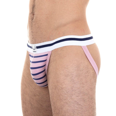 Jockstrap rose en coton bio - rayures bleu marine - BLUEBUCK