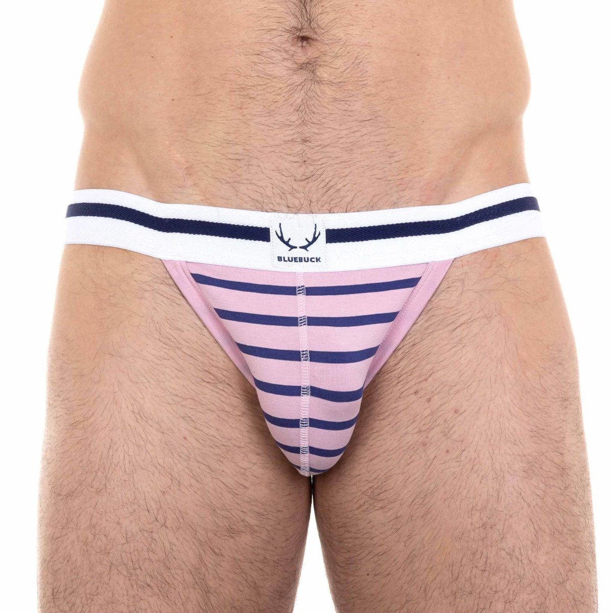 Jockstrap rose en coton bio - rayures bleu marine - BLUEBUCK