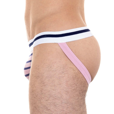 Jockstrap rose en coton bio - rayures bleu marine - BLUEBUCK