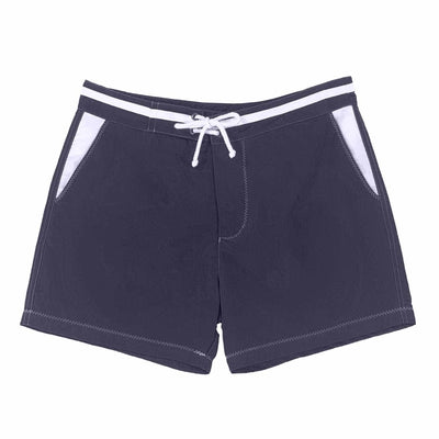 Short de bain homme bleu marine en polyester recyclé - details blancs - BLUEBUCK