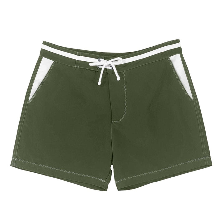 Short de bain homme khaki en polyester recyclé - détails blancs - BLUEBUCK