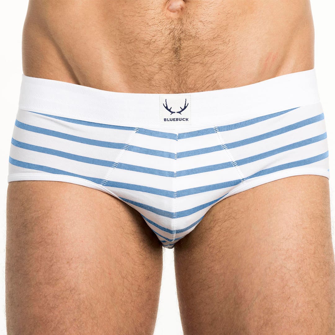 Slip homme en coton bio blanc - rayures bleu azur - BLUEBUCK