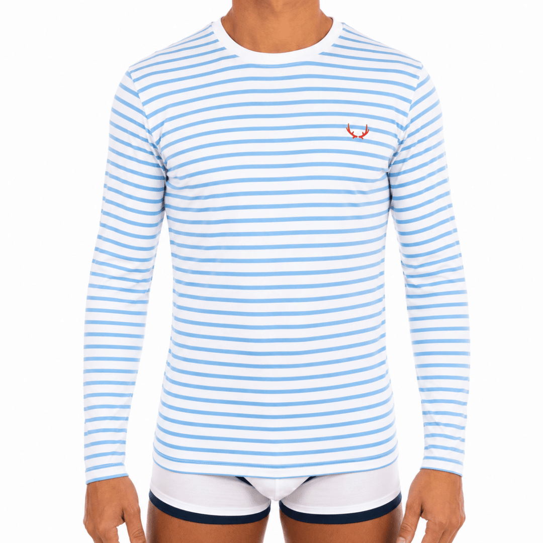 T-shirt homme blanc rayures bleu azur en coton bio - manches longues - BLUEBUCK
