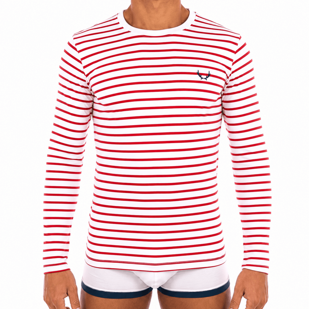 T-shirt homme blanc rayures rouges en coton bio - manches longues - BLUEBUCK