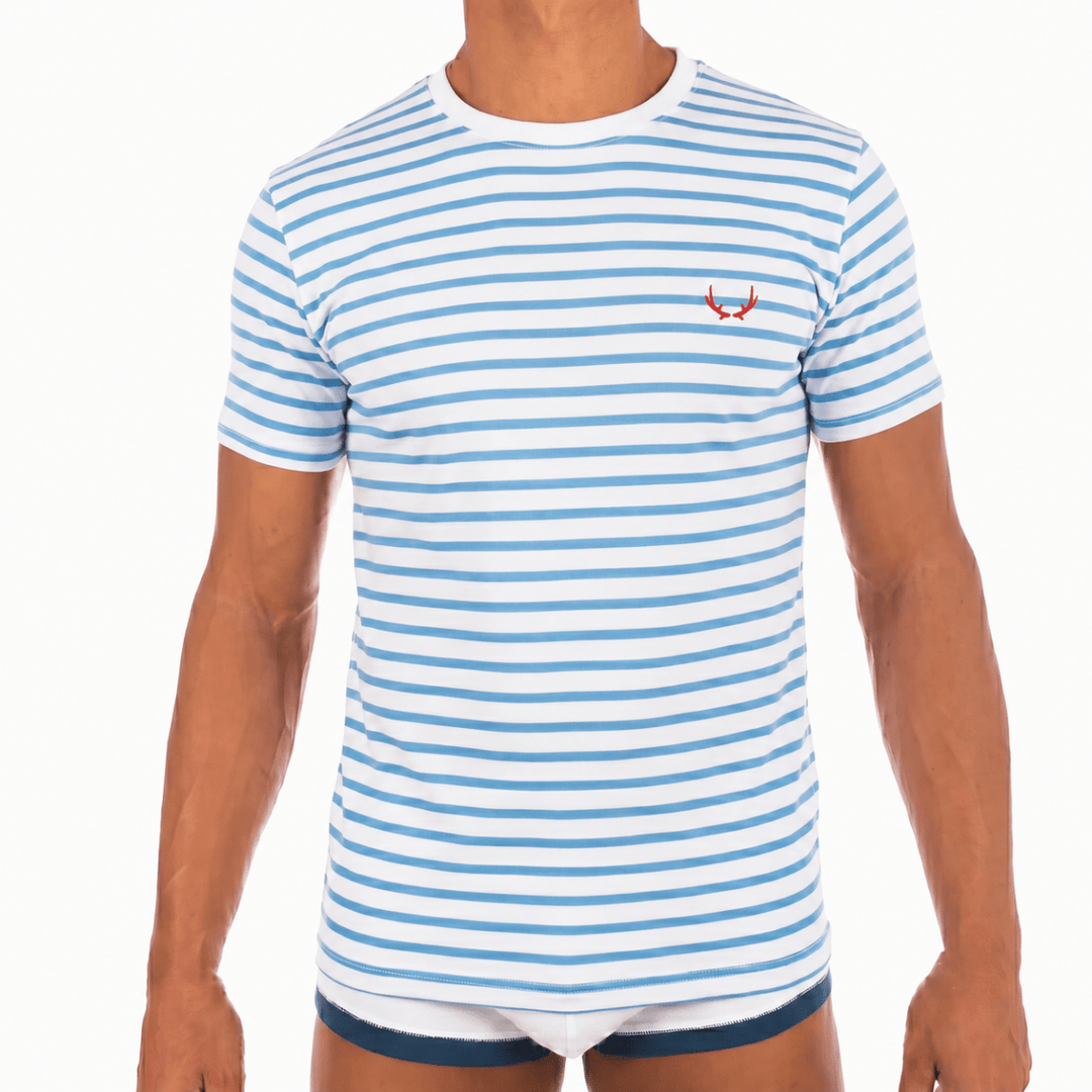 T-shirt homme col rond blanc rayures bleu azur en coton bio - BLUEBUCK