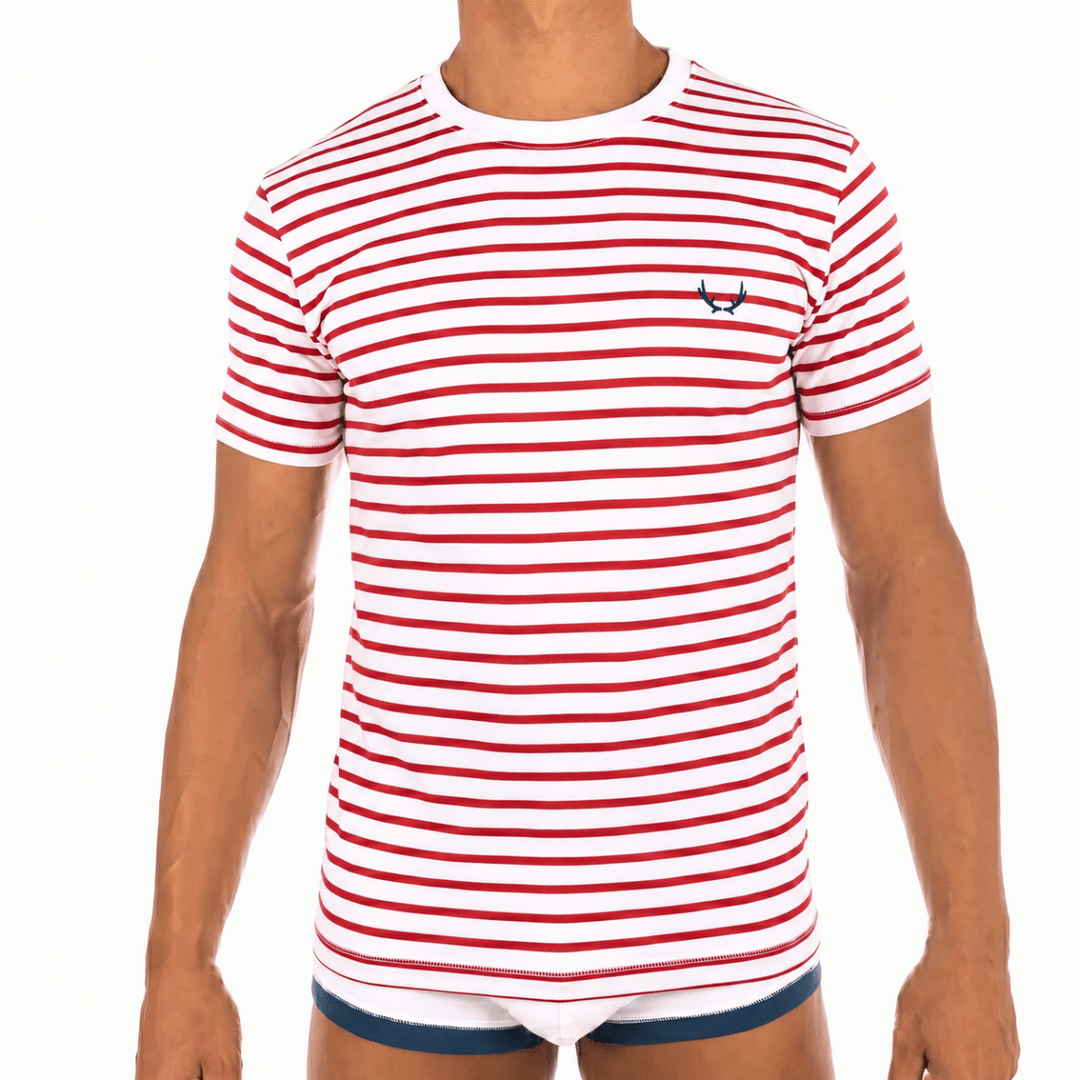 T-shirt homme col rond blanc rayures rouges en coton bio - BLUEBUCK