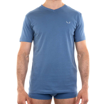 T - shirt homme col V bleu lune en coton bio - BLUEBUCK