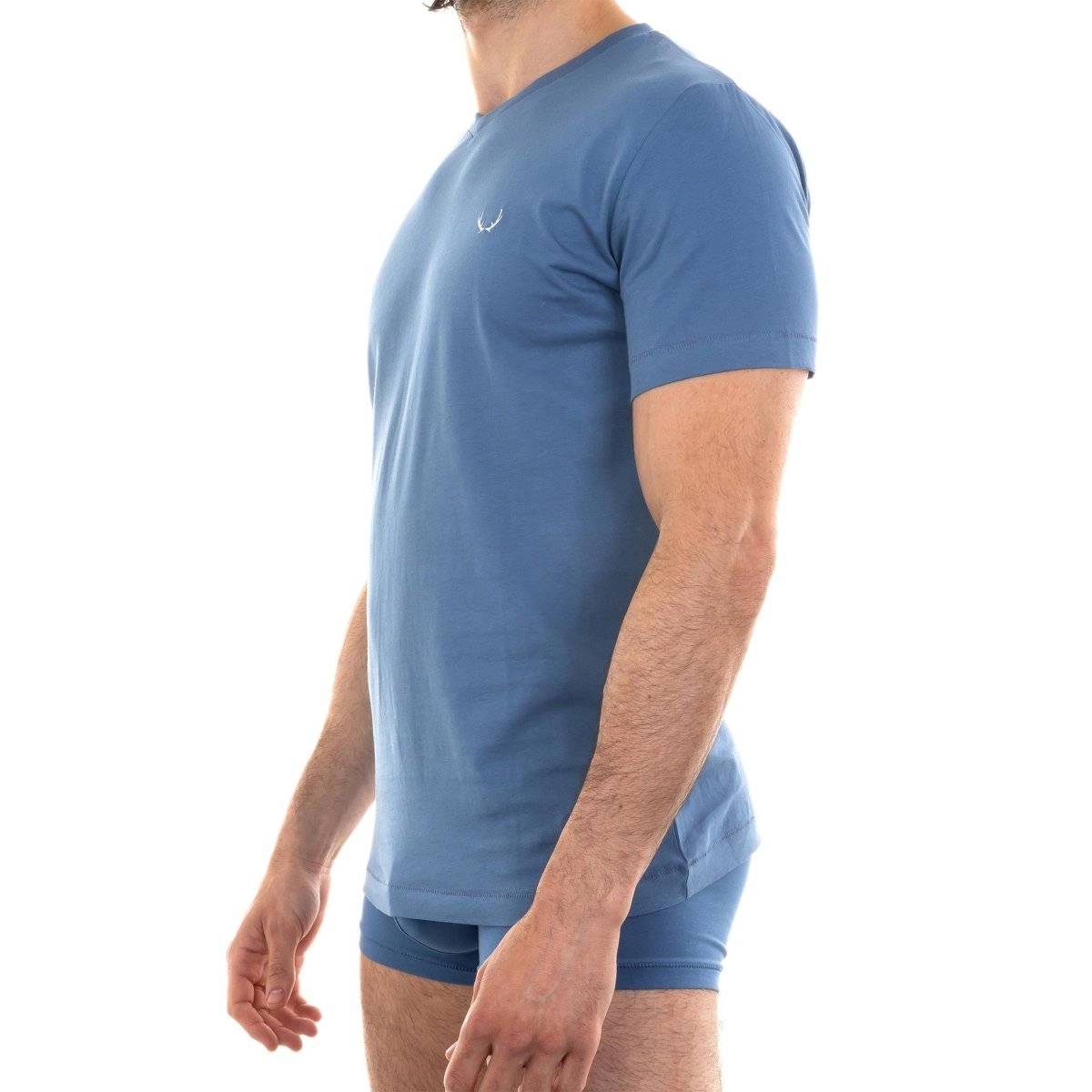 T - shirt homme col V bleu lune en coton bio - BLUEBUCK