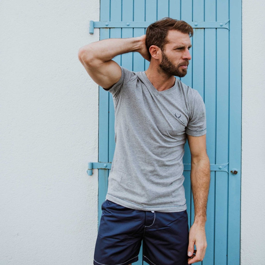 T - shirt homme col V gris en coton bio - BLUEBUCK