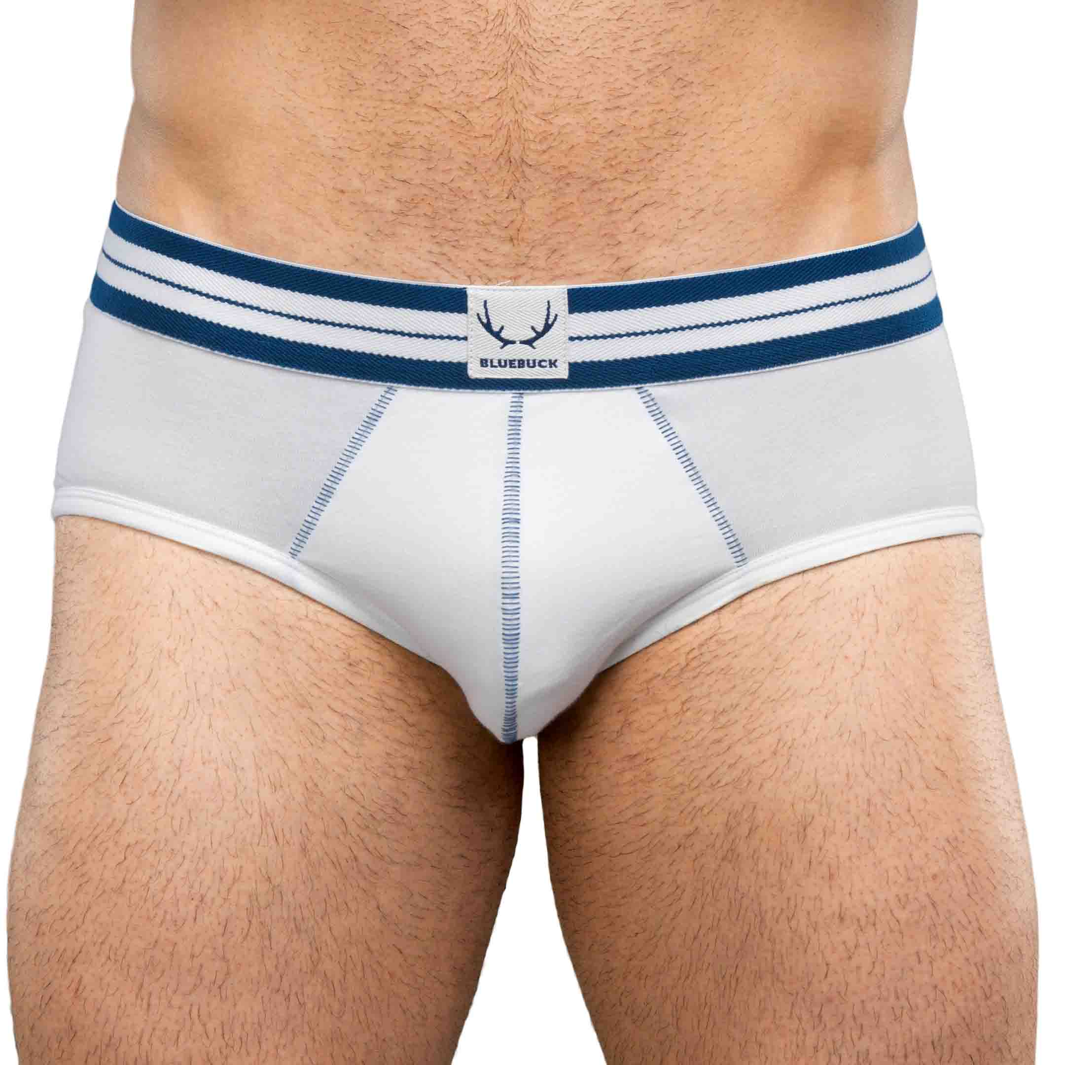 white briefs - blue stitching - Bluebuck men's underwear - BLUEBUCK