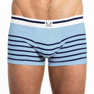 Ice blue organic cotton men's trunks with navy stripes