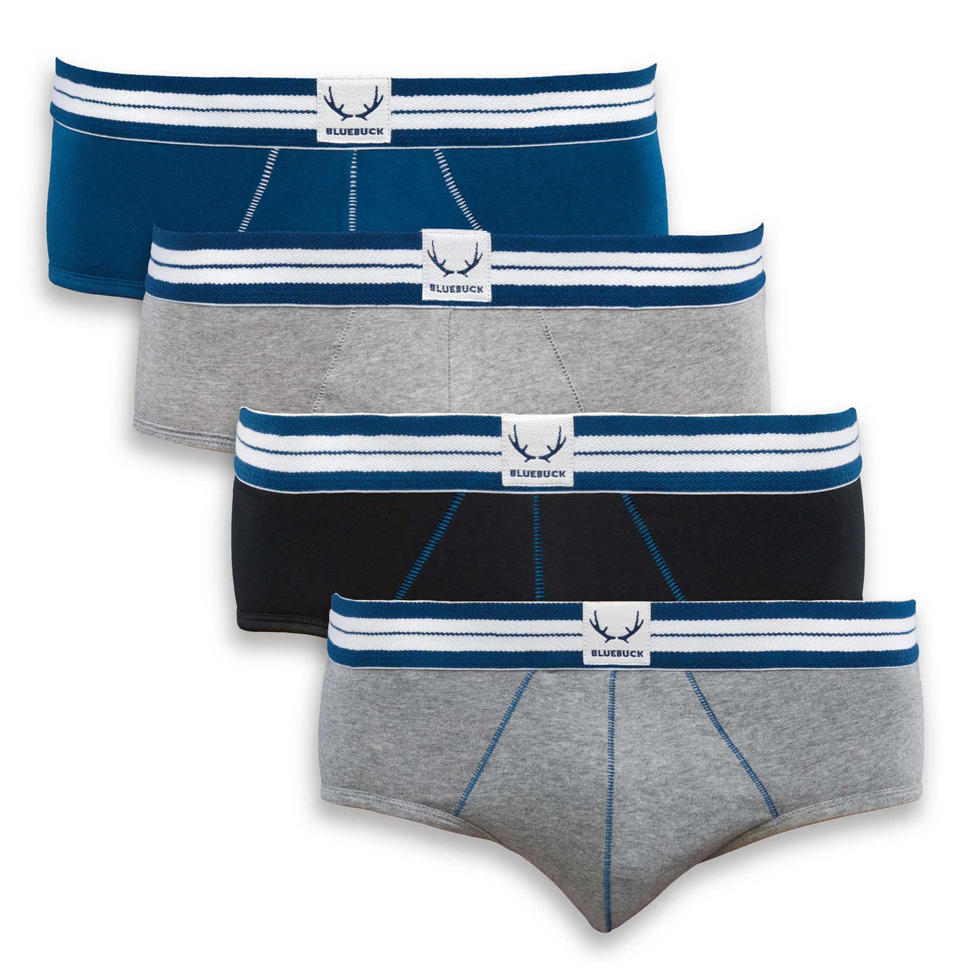 4 classic briefs for men in organic cotton, blue, black and grey