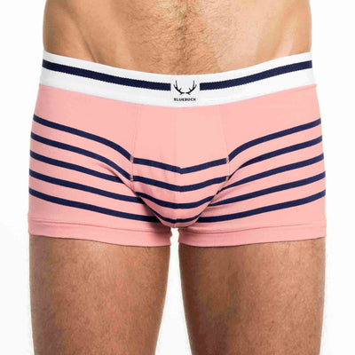 Pink organic cotton men's trunks with navy stripes